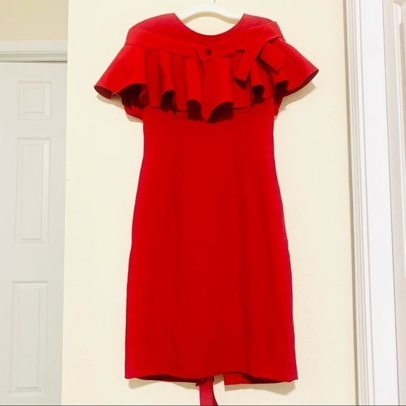DONNA RICCO Rare Red ruffled removable shoulder sheath dress women’s size 8P - Picture 1 of 12